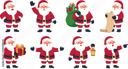Cute Santa Claus cartoon character vector asset pack featuring Christmas holiday emojis holding gift box toy sack lantern and wishlist scroll