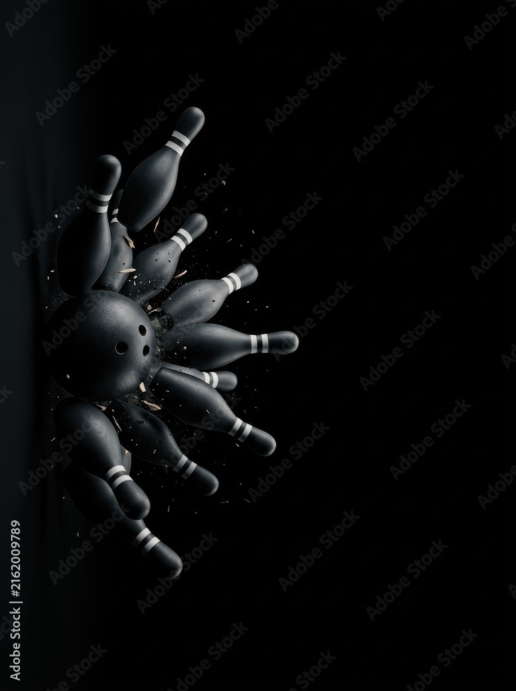 Fototapeta premium Dramatic Black Bowling Ball Impact Scattering Pins on a Dark Background Minimalist Sports Concept