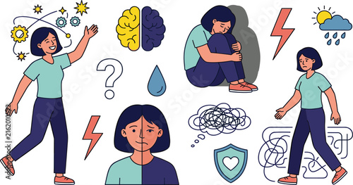 Konstfotografi Bipolar Disorder and Mental Health Symptoms Vector Set Featuring Woman Experienc