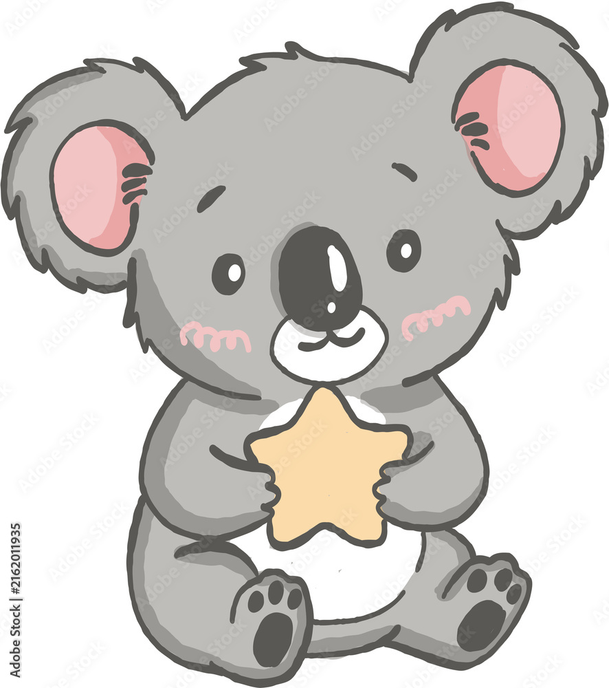 Obraz premium Cute koala holding star with pink cheeks and big ears, adorable animal character with soft gray fur and happy expression
