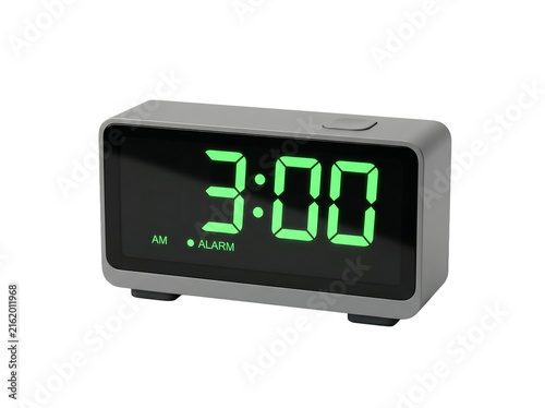 Modern digital alarm clock with glowing green led display as PNG element