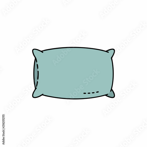 Cartoon-style light blue pillow with black outline and decorative stitching