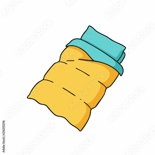 Cartoon sleeping bag with blue pillow, yellow quilt, and black stitch lines
