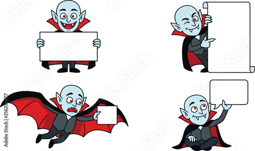 Canvastavla Cute Cartoon Vampire Count Dracula Character Set Holding Empty Blank Signs Paper