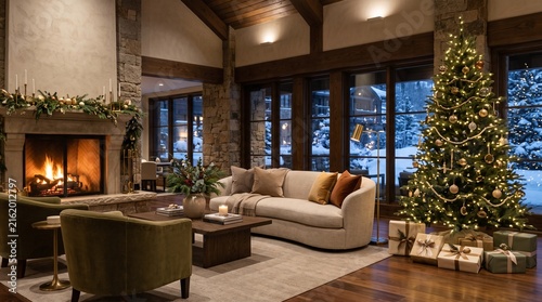 Luxury mountain resort living room with fireplace and Christmas tree at dusk