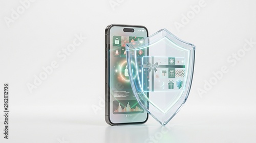 Digital security shield protecting smartphone from cyber threats and data breaches