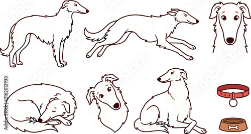 Cute borzoi dog cartoon illustration set featuring hand drawn line art emojis of running sleeping sitting long nosed sighthound puppy poses