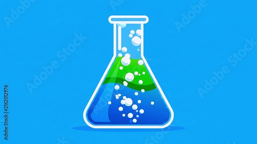 Scientific Glass Erlenmeyer Flask Icon Featuring Effervescent Chemical Reaction with Green and Blue Liquids Isolated on Blue Background