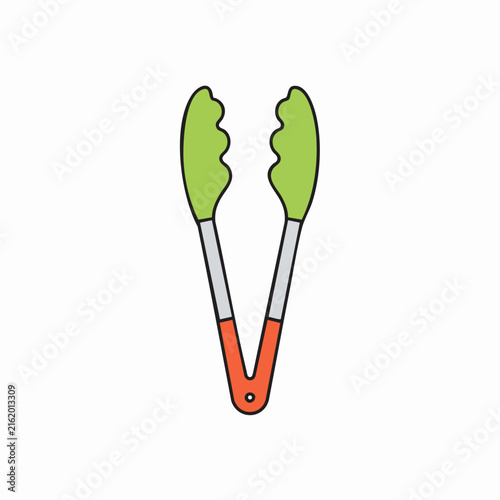Cartoon-style Kitchen Tongs with Green Grips and Orange Handle.