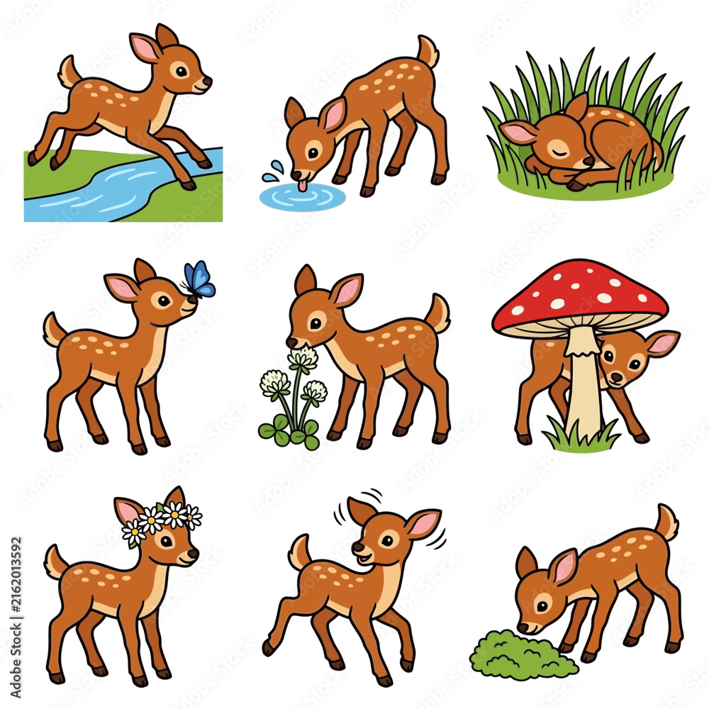 Obraz premium A collection of nine charming fawns engaging in various woodland activities like running across a stream drinking from water playing with butterflies and resting beneath a large spotted mushroom