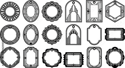 Art Deco frames and borders hang tag vector set featuring black geometric line art labels and vintage roaring twenties border designs isolated on white background