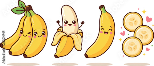 Cute Kawaii Banana Character Vector Set Featuring Bunch Peeled Single Fruit and Slices with Smiling Faces for Children Stickers and Food Designs
