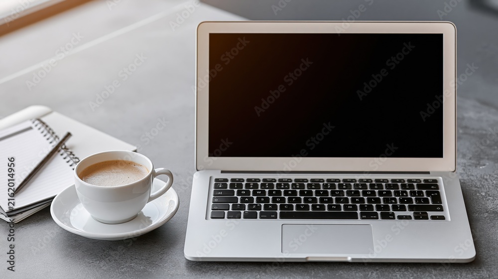 Fototapeta premium Modern Laptop with Coffee and Notebook on a Textured Desk Surface