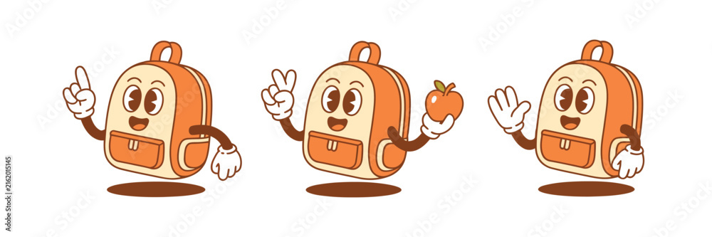 Obraz premium Schoolbag mascot icon set, funny cartoon backpack characters for back to school, studying and education, clean isometric vector illustration