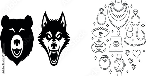 Bear and Wolf Wild Animal Mascot Logo Silhouettes Alongside Diamond Jewelry Icon Set for Branding, Tattoos, Merch Print, and Creative Graphic Designs