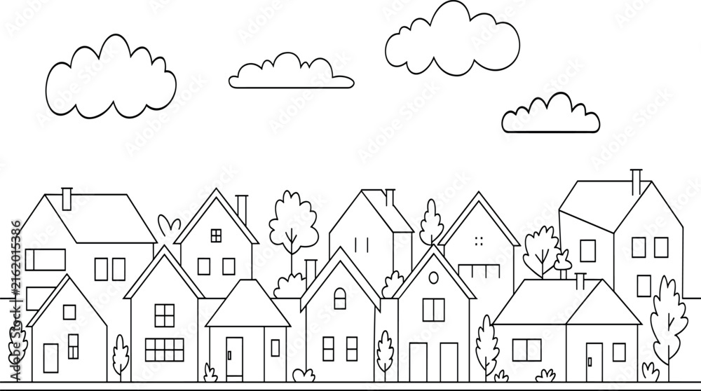 Fototapeta premium Suburban Neighborhood Street Landscape Line Art Vector with Cute Cartoon Houses, Trees, and Clouds for Kids Coloring Pages, Architecture Layouts, and Town Backgrounds