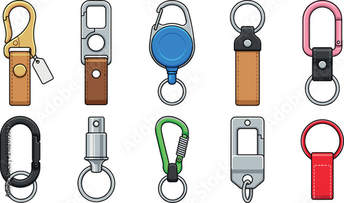 Modern outdoor utility keychain and carabiner vector set featuring leather straps tactical clips retractable reels and metal loops