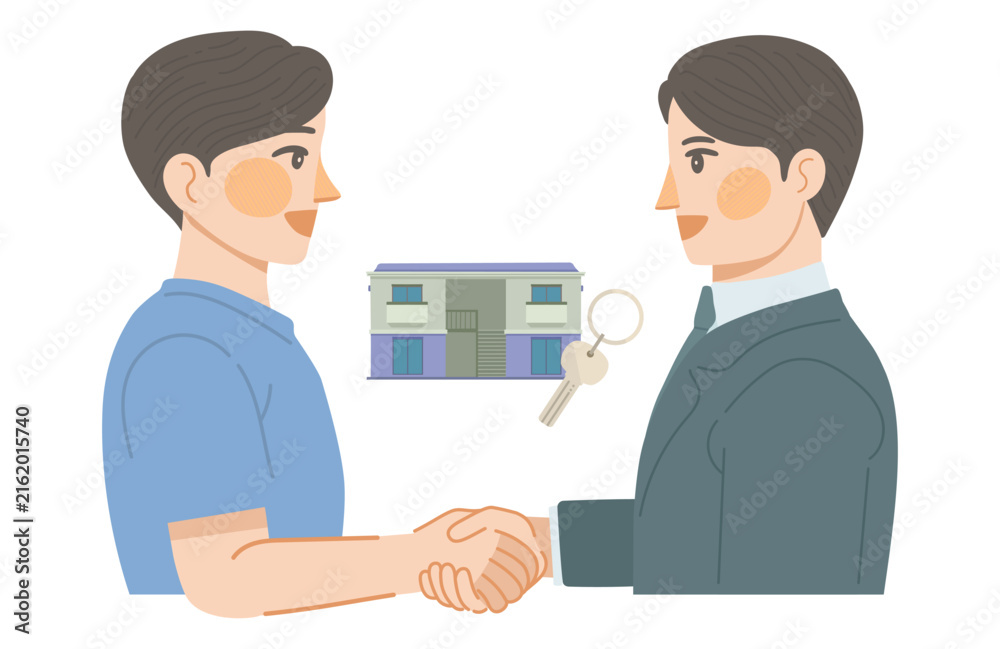 Fototapeta premium アパートの不動産取引が成立し、顧客の男性と、営業の男性が握手しているイラスト