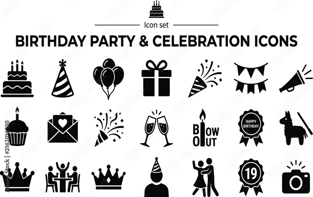 Naklejka premium Birthday Party and Celebration Icons Set - High-Quality Black Solid Symbols Featuring Cake, Balloons, Gifts, Party Hat, Bunting, Champagne, Pinata, Crown, and Festive Event Elements Vector.