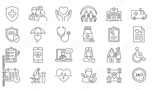 Healthcare and Medical Line Icon Set with Doctor Hospital Ambulance Insurance Telemedicine and Patient Care Symbols