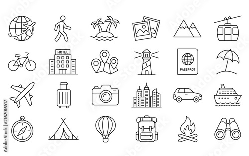 Travel and Tourism Line Icon Set with Airplane Passport Luggage Hotel Map Camping Cruise and Vacation Symbols