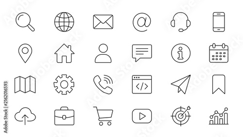 Web and Digital Communication Line Icon Set with Search Email Location User Calendar Analytics and Interface Symbols