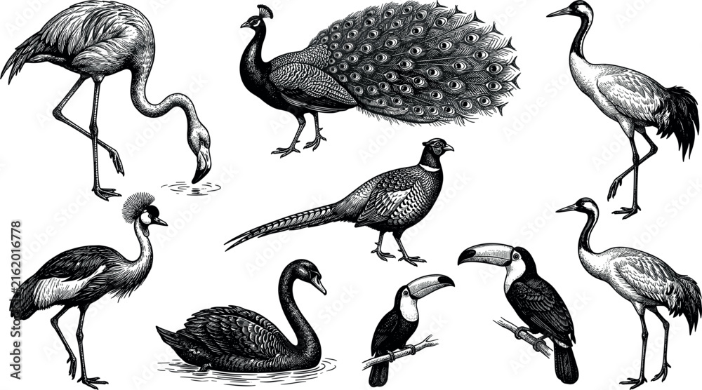 Naklejka premium Vintage woodcut style exotic wild birds vector set featuring detailed etchings of peacock flamingo crane toucan swan and pheasant