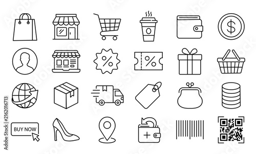 Ecommerce and Online Shopping Line Icon Set with Cart Store Payment Delivery Discount Gift and Retail Symbols