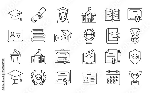 Education and Academic Learning Line Icon Set with Graduation Cap School Diploma Certificate Book and Student Symbols