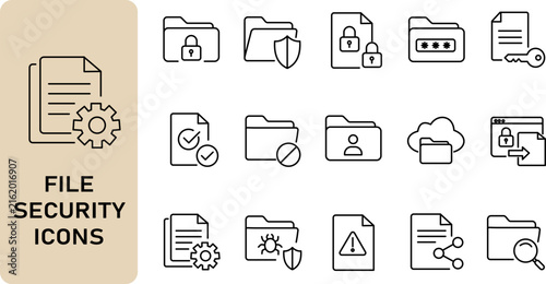File Security Line Icon Set with Protected Folder Lock Password Cloud Document and Data Protection Symbols