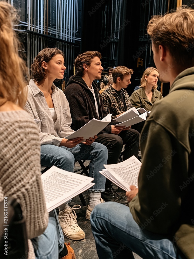 Naklejka premium Diverse group of young actors rehearsing a script on a theater stage, focusing on collaboration and performance preparation