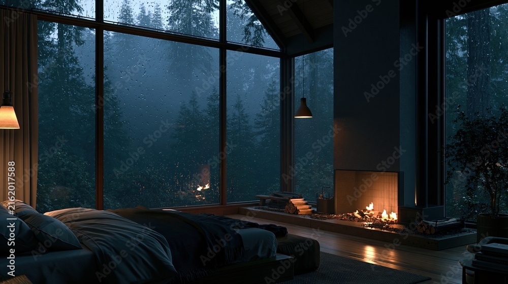 Naklejka premium Cozy bedroom with fireplace and large window overlooking a misty forest at dusk