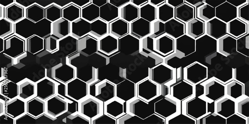 Black and white seamless hexagonal honeycomb geometric pattern with textured metal cell structure, vector design for modern technology wallpaper, tile backdrop, and abstract art
