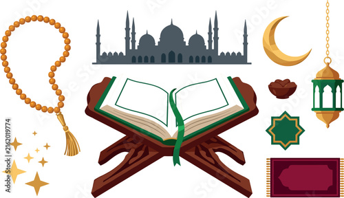 Islamic Ramadan decoration vector set featuring Holy Quran on wooden rehal prayer beads mosque skyline hanging lantern and crescent moon icons