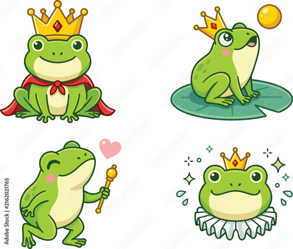 Naklejka premium Cute Cartoon Frog Prince Mascot Vector Set Featuring Fairytale Green Frogs Wearing Golden Crown, Royal Cape, and Holding Magic Scepter