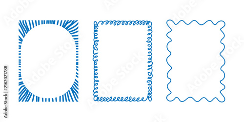 Blue crayon doodle set in hand drawn sketch coastal rectangle frames vector illustration