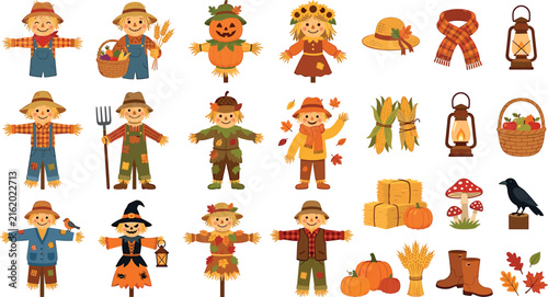 Cute autumn scarecrow vector character collection featuring harvest pumpkins corn sunflowers lanterns hay bales and thanksgiving design elements
