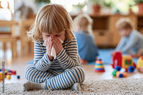 Young Child Blowing Nose with Tissue Sitting on Floor Surrounded by Toys
