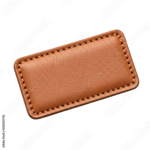 Small rectangular brown leather patch with stitched edges isolated on transparent background