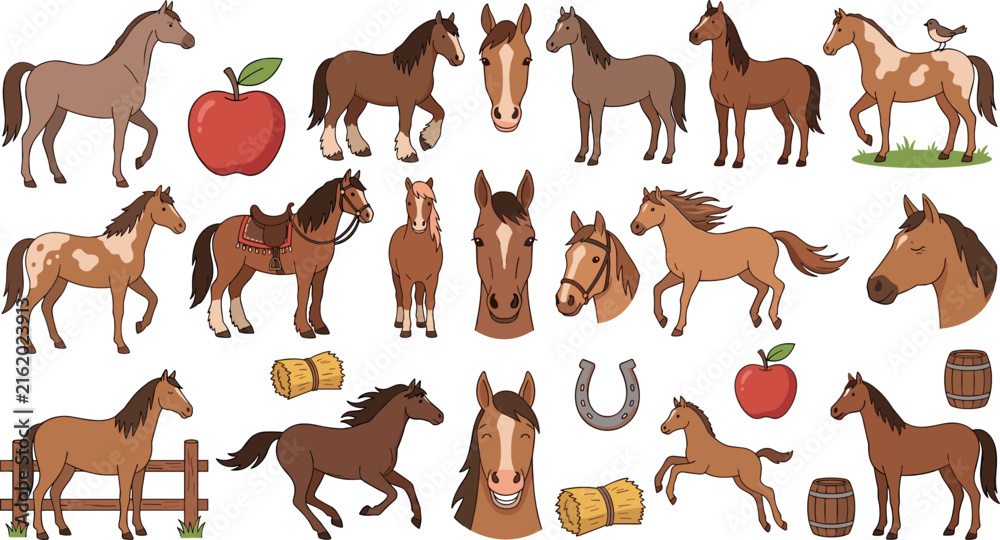 Fototapeta premium Vector collection of cartoon horses and ranch elements including stallions, foals, horseshoes, hay bales, apples, fences, and various brown equestrian breeds.