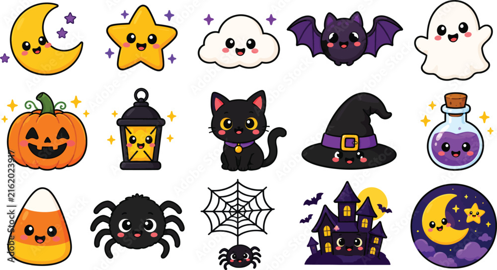 Fototapeta premium Cute Kawaii Halloween Vector Illustration Set Featuring Spooky Ghost, Happy Pumpkin, Black Cat, Bat, Witch Hat, Magic Potion, Haunted House, Moon and Stars for Festive Graphic Design.