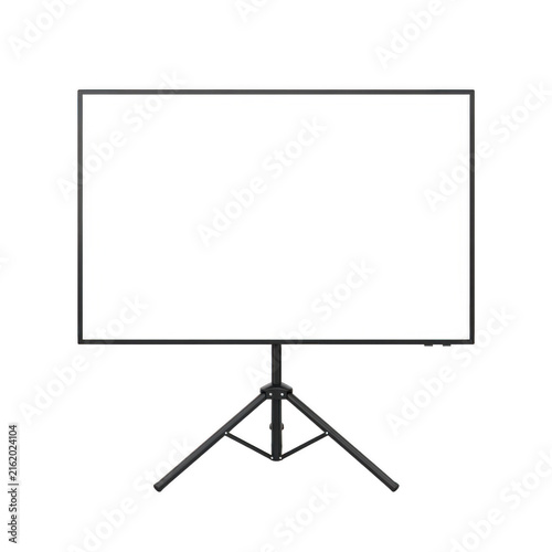 Empty projection screen on a tripod stand isolated on transparent background