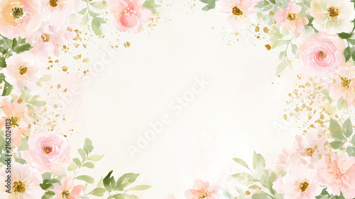 Elegant watercolor floral frame background with delicate pink roses and gold dust