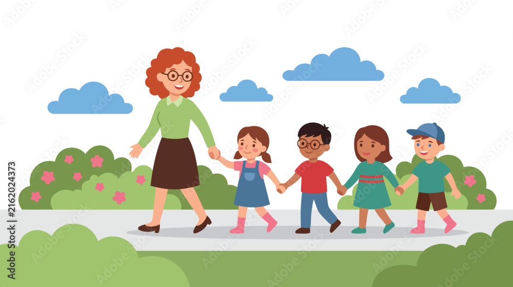 Fototapeta premium Teacher walking with children in park representing school education and nature learning.