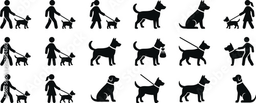 Dog walking silhouette collection, pet care vector illustrations, featuring canine leash training owner companion activity icons