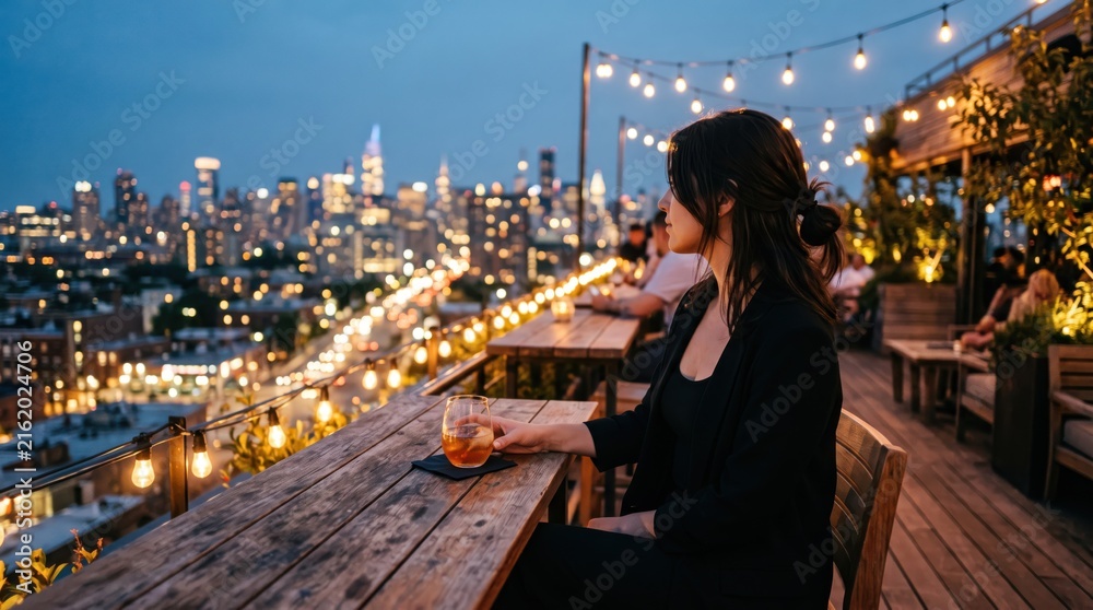 Fototapeta premium Woman relaxing with drink at rooftop bar terrace overlooking illuminated city skyline at dusk with string lights and urban night atmosphere