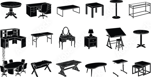 Tables and Desks Silhouette Vector Icon Set Featuring Office Desks, Dining Tables, Vanity Consoles, Drafting Tables, and Coffee Furniture Shapes for Interior Design