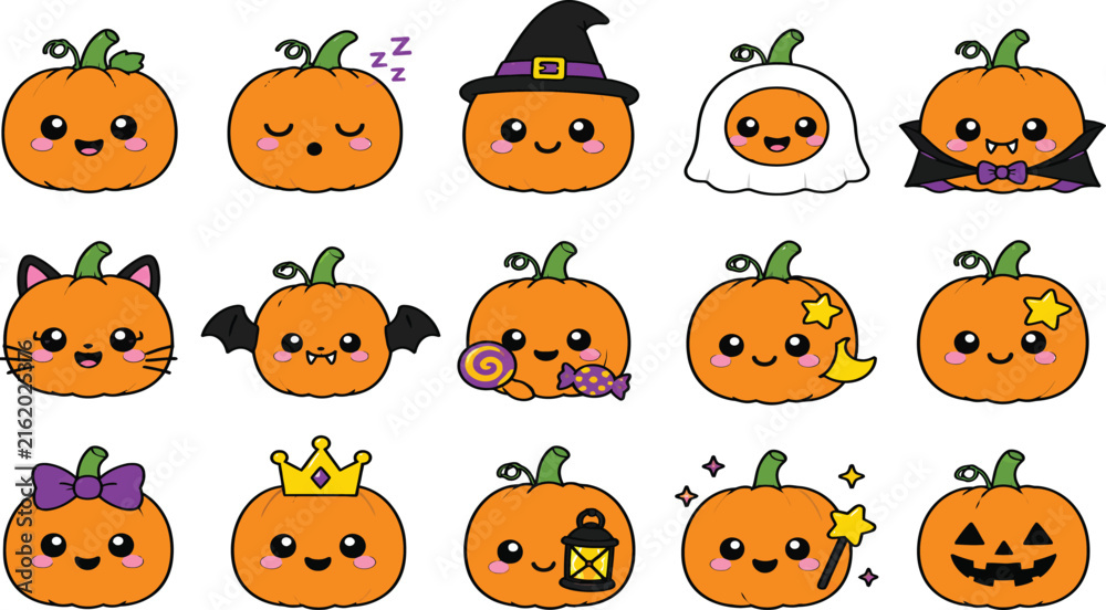 Fototapeta premium Set of Cute Halloween Pumpkin Characters, Kawaii Jack-o'-lantern Vector Illustrations Featuring Witch, Ghost, Vampire, Bat, and Cat Costumes, Perfect for Spooky Fall Holiday Decorations.