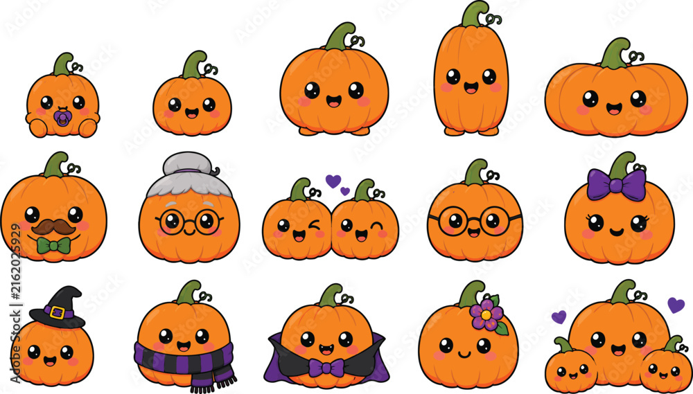 Obraz premium Set of Adorable Kawaii Halloween Pumpkin Characters Vector, Cute Fall Autumn Harvest Family Illustrations Featuring Witch, Vampire, Baby, and More for Seasonal Festive Graphic Designs.