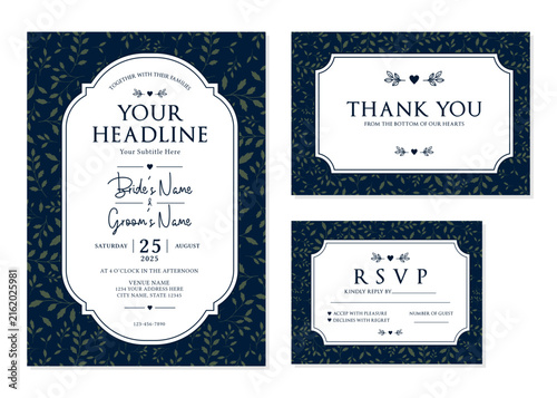 Elegant Navy Blue Botanical Wedding Invitation Suite Vector Template

